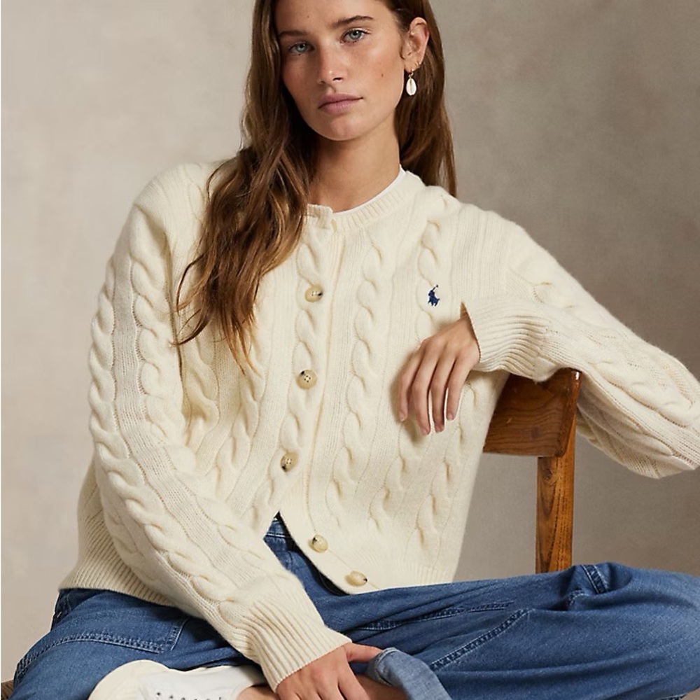 Ralph Lauren Women's Ivory Wool Cashmere Cable Knit Cardigan